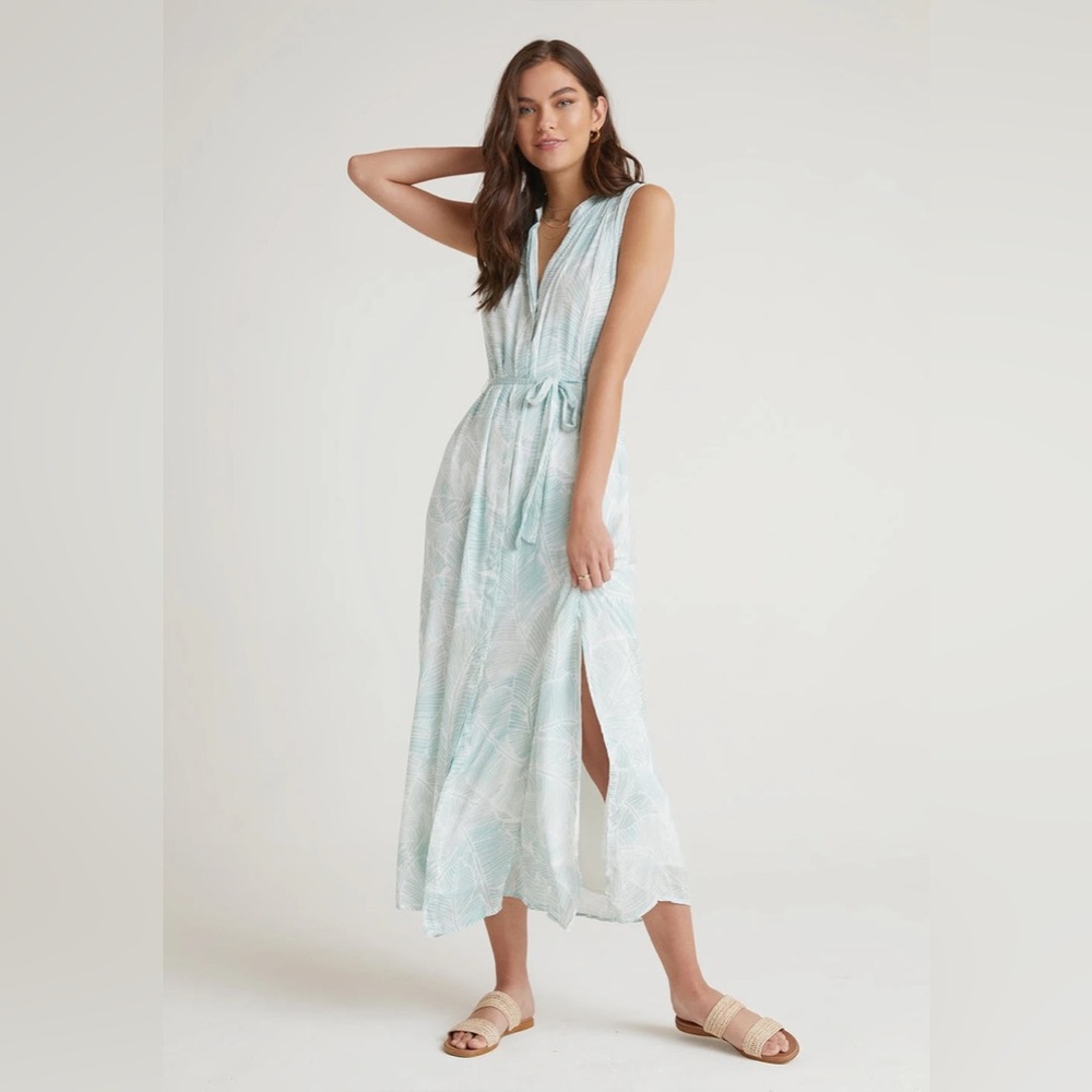 Bella Dahl $202 Sleeveless Pleat Front Maxi Dress in Havana Olive Palm Size XS